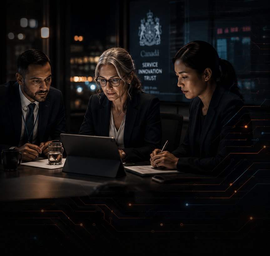 Public sector professionals reviewing technology at a boardroom table