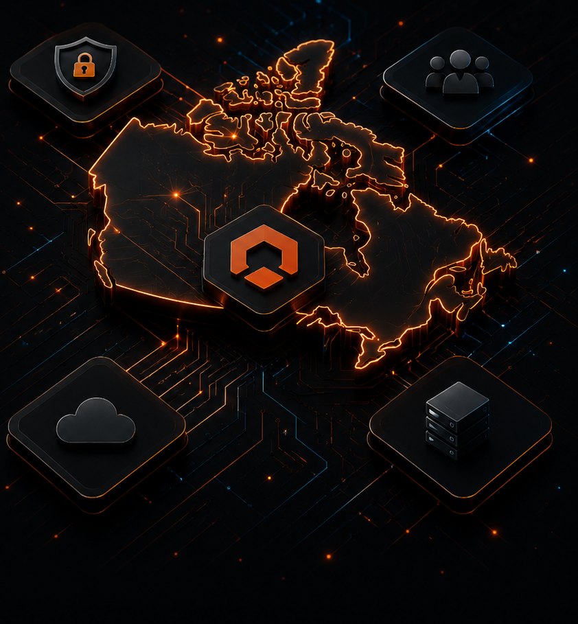Glowing outline map of Canada on a circuit board, surrounded by security, team, cloud, and server tiles